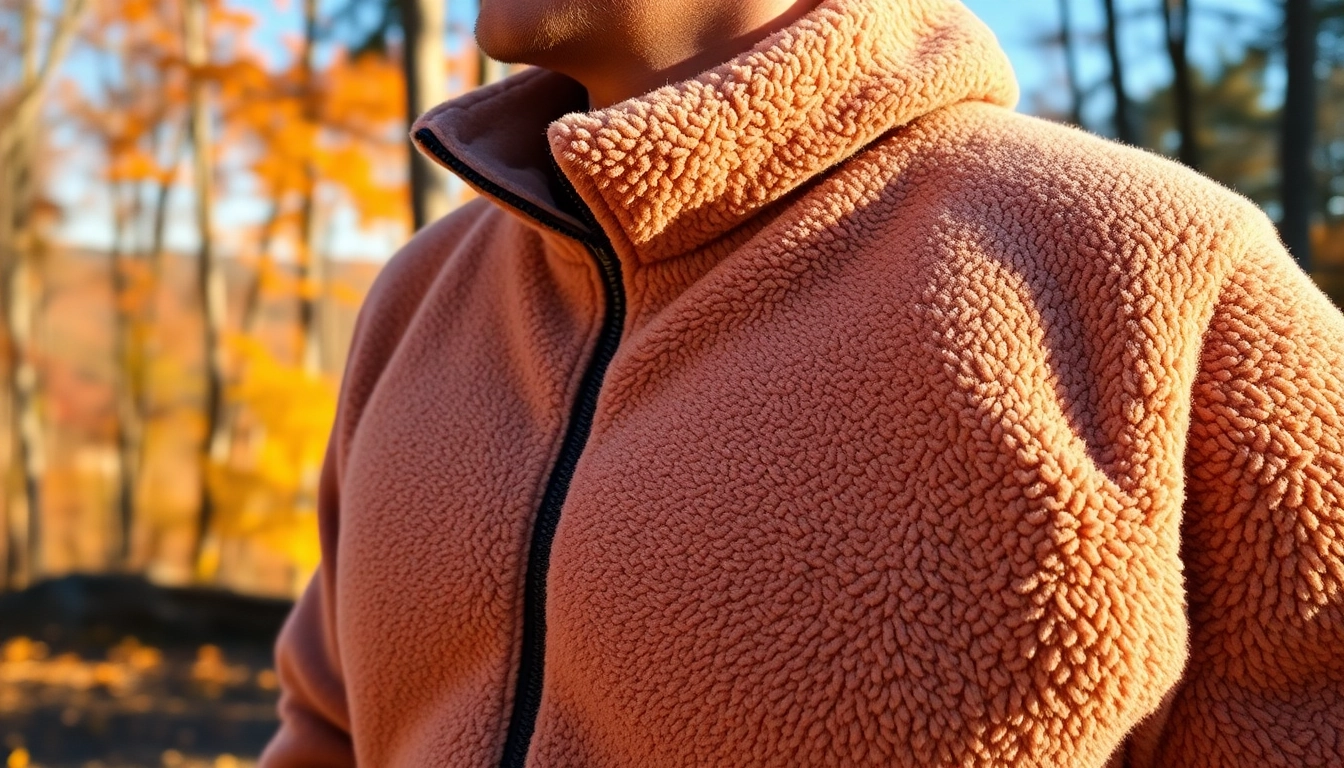 Fleece fabric showcased on a model showcasing warmth and comfort in a cozy environment.