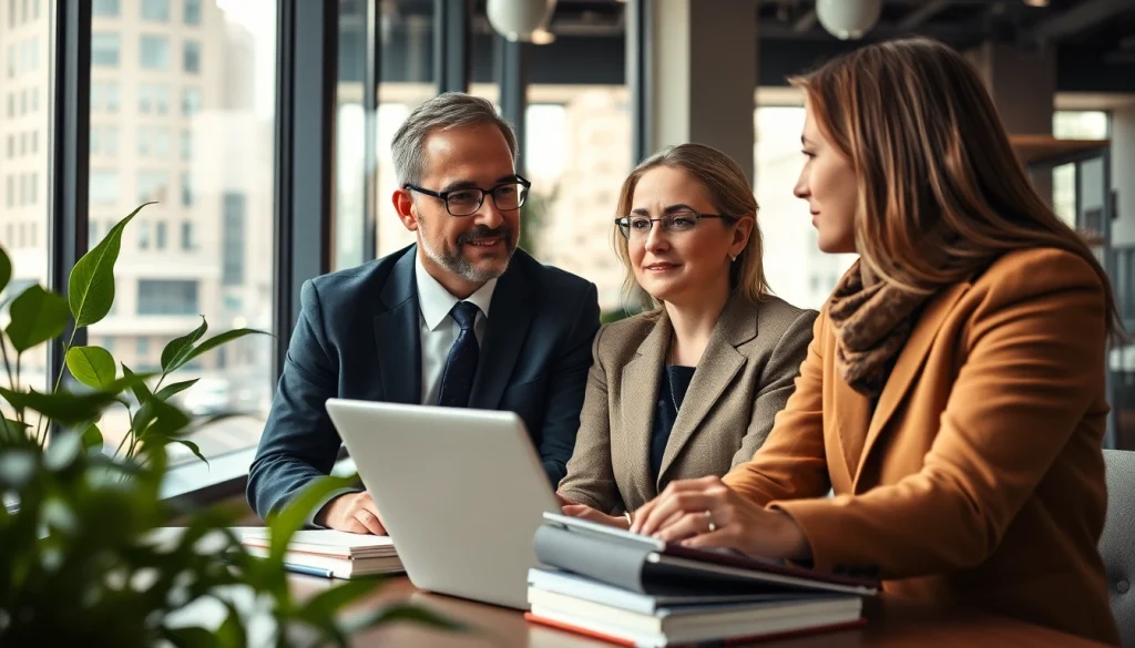 Intellectual property lawyer advising a client in a bright and professional office setting.