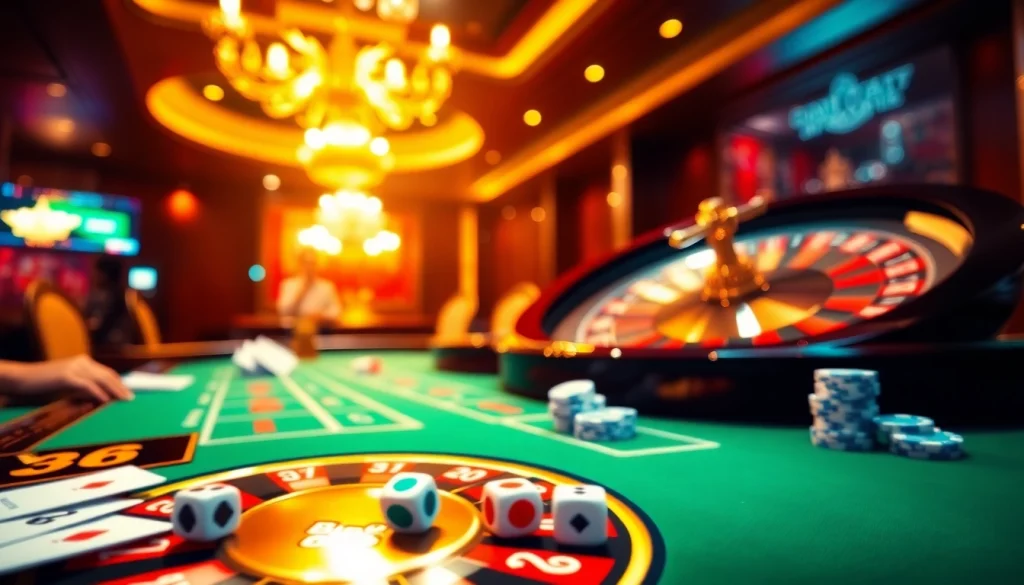 Experience the thrill of Bin88 online gambling with an engaging casino scene featuring roulette and poker.