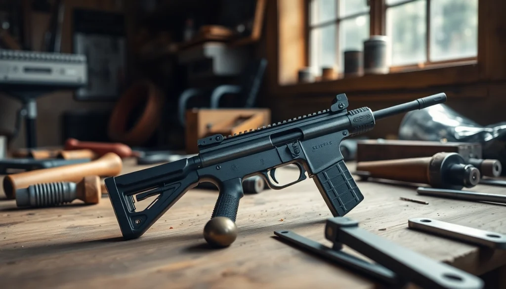 Showcase an AR9 trigger highlighting its design and craftsmanship on a workshop bench.