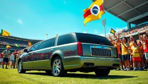World Cup Group Transportation in a luxurious limousine with excited fans celebrating outside the stadium.