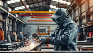 Experience custom steel fabrication with skilled technicians crafting intricate designs in a vibrant workshop.