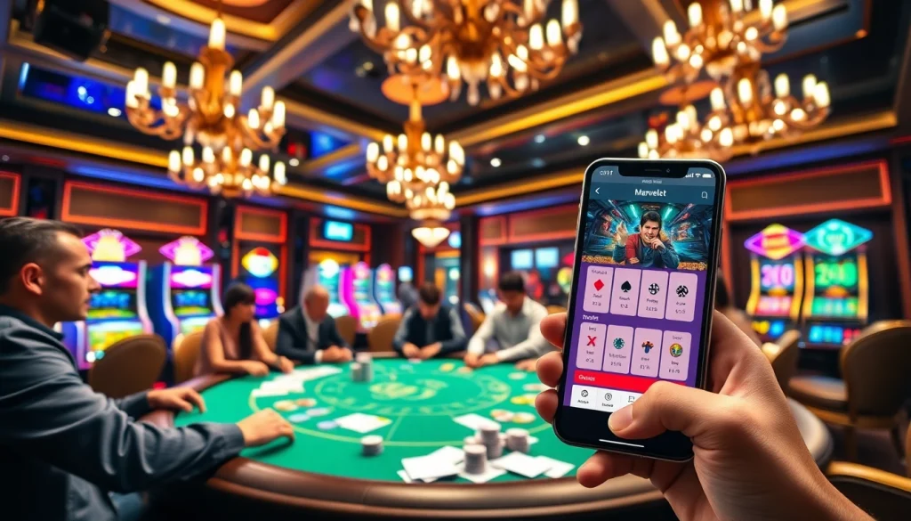 Marvelbet users enjoying a thrilling poker game in a luxurious casino setting.