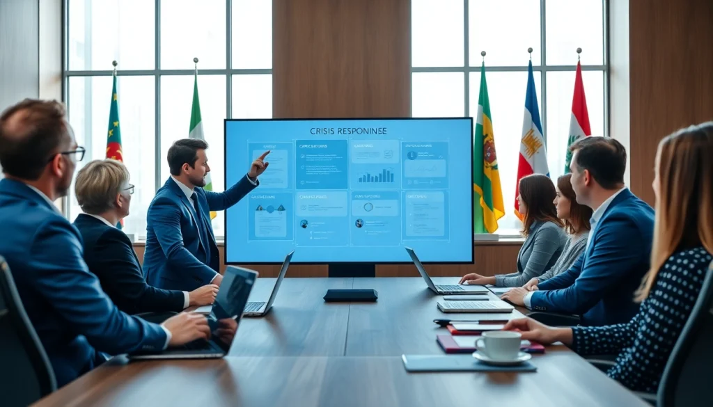 Crisis management consultant facilitating a strategy meeting in a corporate environment.