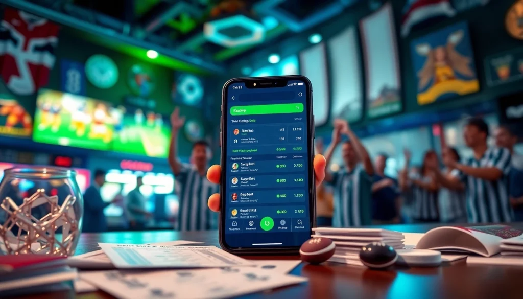 Explore sports betting apps Alabama showcased on a smartphone amidst a vibrant sports bar atmosphere.