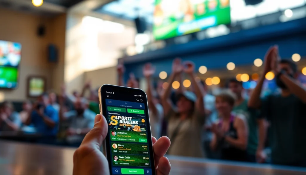 Showcasing sports betting apps California with vibrant options on a smartphone in an energetic setting.