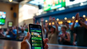 Showcasing sports betting apps California with vibrant options on a smartphone in an energetic setting.