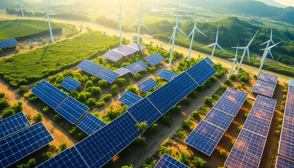 Free cloud mining operations in a sustainable energy environment with solar panels and wind turbines.