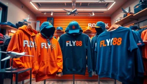 FLY88 aviation-inspired apparel collection featuring stylish hoodies and caps in a modern boutique.