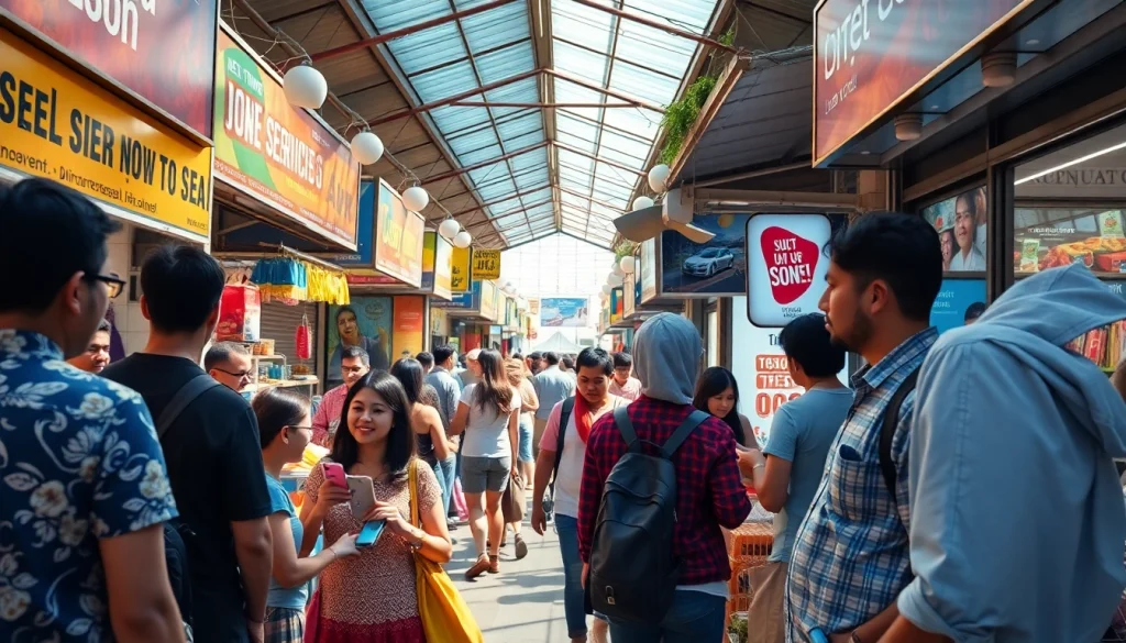 Marketplace scene illustrating SL Ads with diverse buyers and sellers engaging actively.