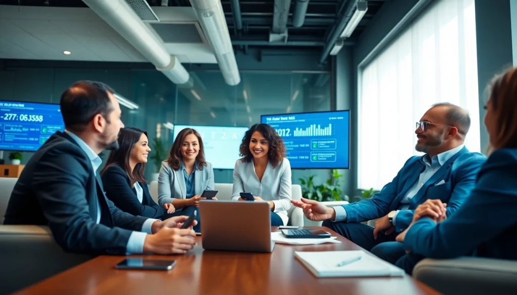 Phone number verification technology in a professional office setting, showcasing teamwork and innovation.