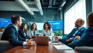 Phone number verification technology in a professional office setting, showcasing teamwork and innovation.