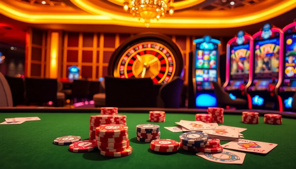 Experience the vibrant excitement of 12bet with luxurious casino visuals filled with poker chips and a roulette wheel.