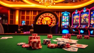 Experience the vibrant excitement of 12bet with luxurious casino visuals filled with poker chips and a roulette wheel.