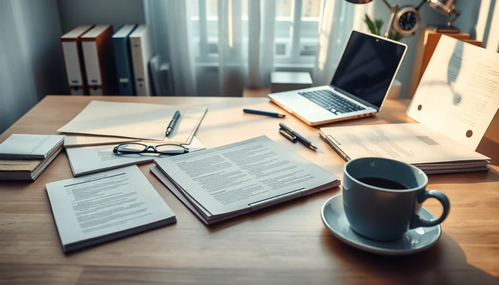 Professional workspace of a sworn translator (tłumacz przysięgły) with documents and laptop.