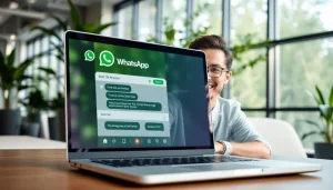 Engage with WhatsApp Smart CRM showcasing a professional's interaction in a vibrant office.