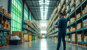 Warehouse interior showcasing efficient organization of goods and modern logistics technology.