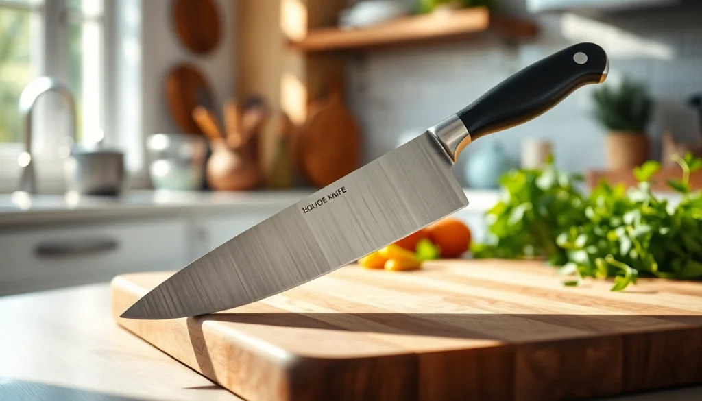 Showcase of a chef’s knife NZ on a cutting board with fresh herbs in the background.