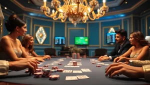 Players enjoying high-stakes poker at a luxurious casino with Fun88 link displayed on digital devices.