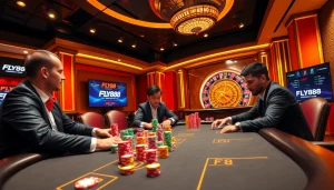 Players strategizing at a high-stakes poker table, showcasing FLY88 gaming excitement.