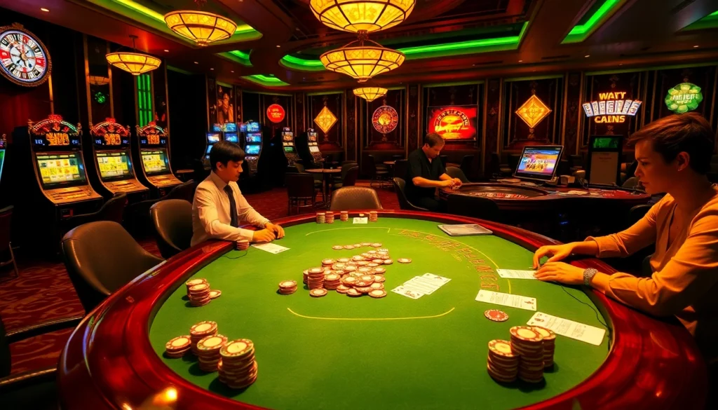 Engage in high-stakes poker at giaimanhacai.news, featuring luxurious tables, colorful chips, and vibrant casino ambiance.