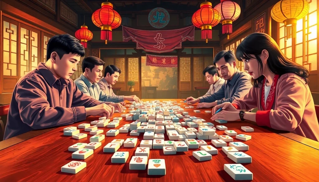 Permainan demo mahjong penuh semangat dengan pemain konsentrasi di meja kayu tradisional.