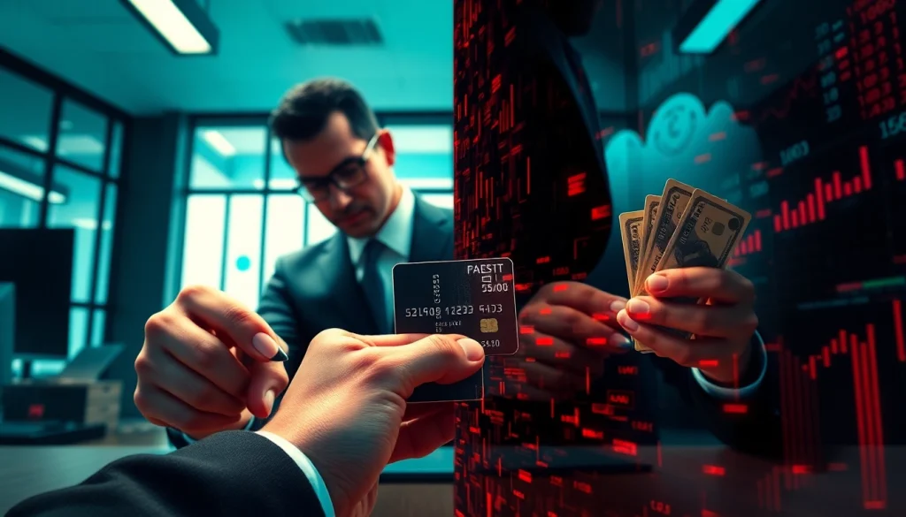 카드깡을 통해 신용카드로 현금을 획득하는 범죄 장면을 상징적으로 나타냅니다.