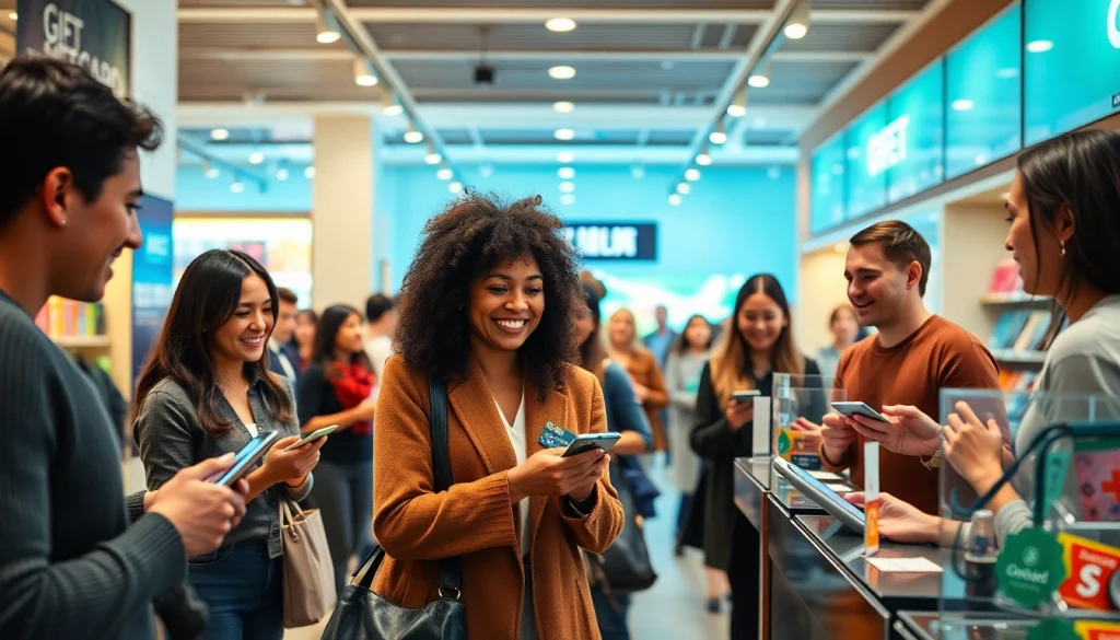 현대식 소매점 계산대에서 상품권카드를 구매하는 설레는 고객들.