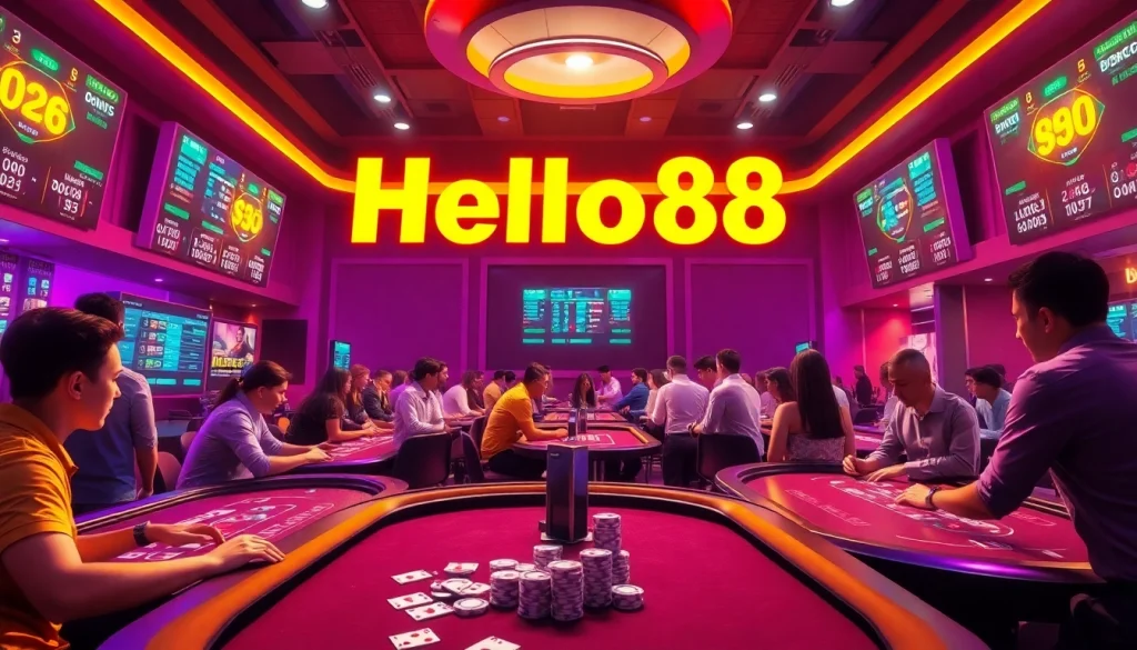 Hello88's thrilling online gambling atmosphere with dynamic gaming tables and vibrant players in a casino setting.