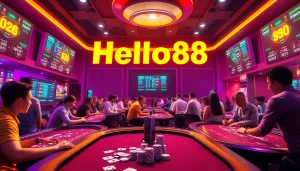 Hello88's thrilling online gambling atmosphere with dynamic gaming tables and vibrant players in a casino setting.