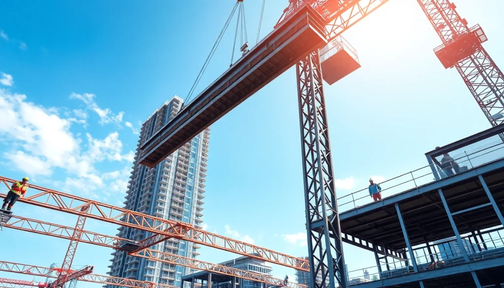 Workers engaging in structural steel construction at an urban site, showcasing assembly of steel beams.