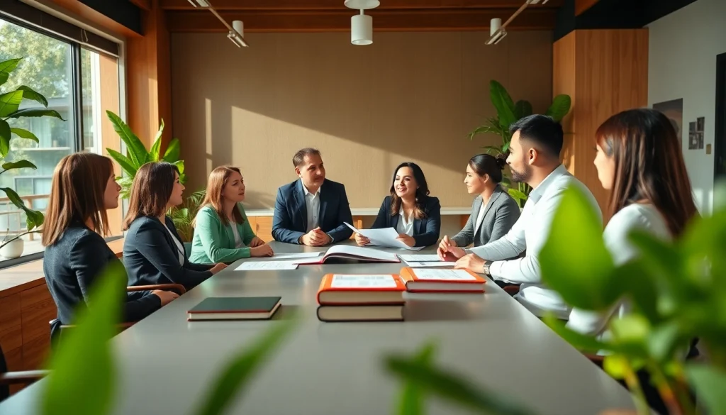 Collaborative meeting at an environmental law firm, showcasing diversity and teamwork in a natural setting.