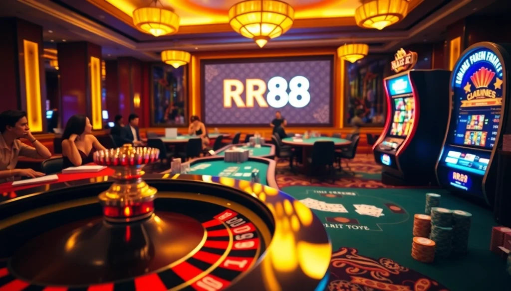 Experience the thrill of RR88 with vibrant casino tables, roulette wheel, and eager players.