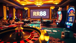 Experience the thrill of RR88 with vibrant casino tables, roulette wheel, and eager players.