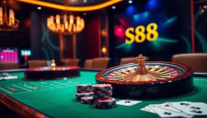 S88 casino players engaging at an elegant roulette table adorned with chips and cards.