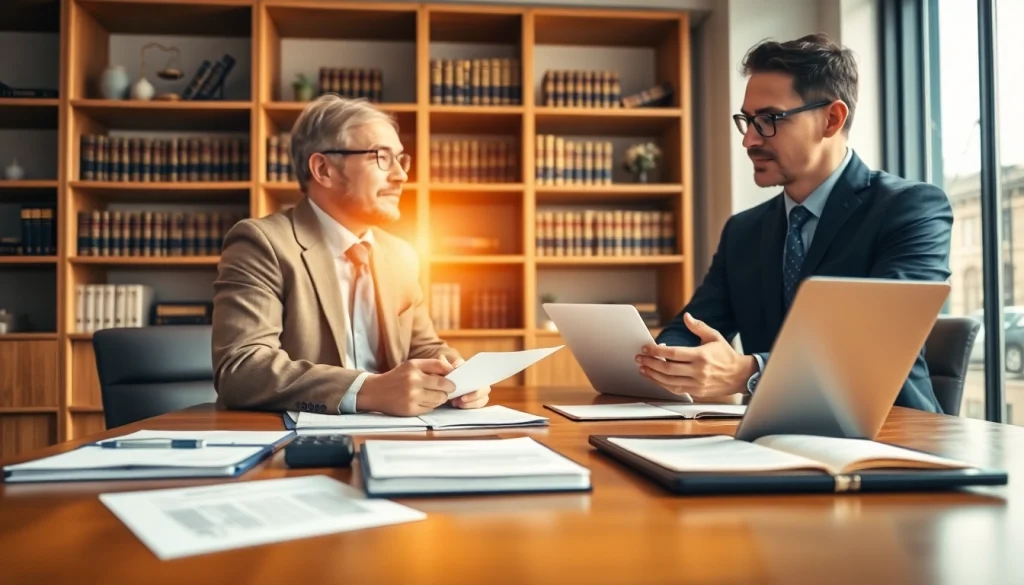 Intellectual property lawyer consulting with a client in a modern office.
