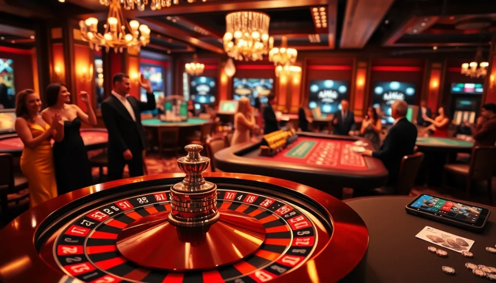 Experience the thrill of a mobile porn game amidst a luxurious casino atmosphere with vibrant gaming tables.