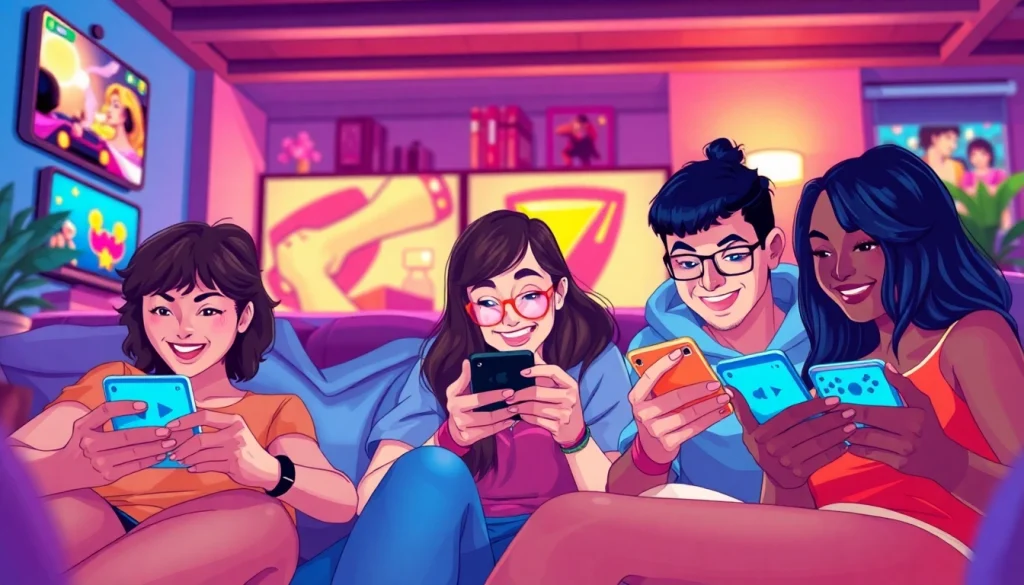 Exciting scene of young adults playing mobile porn games, showcasing vibrant gaming elements and joyful expressions.
