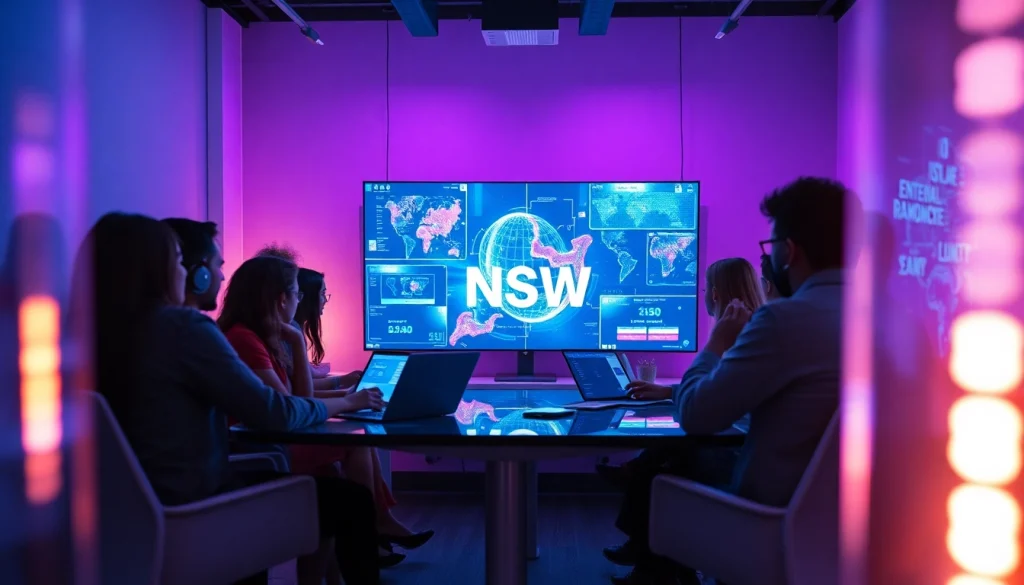 Engaged individuals exploring the capabilities of NSFW AI in a modern workspace filled with digital creativity.