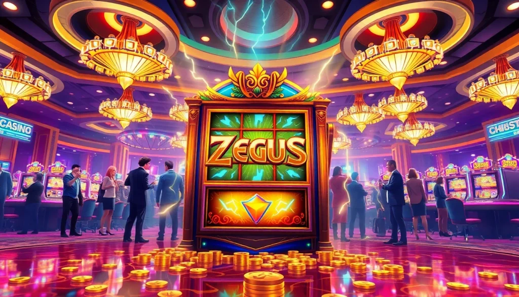 Mainkan Zeus Slot yang mendebarkan dalam suasana kasino yang ramai, penuh kegembiraan dan momen kemenangan.