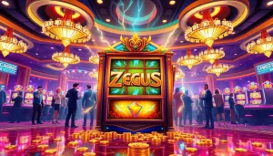 Mainkan Zeus Slot yang mendebarkan dalam suasana kasino yang ramai, penuh kegembiraan dan momen kemenangan.