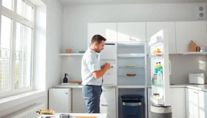 Refrigerator repair technician diagnosing appliance issues in Ottawa home.