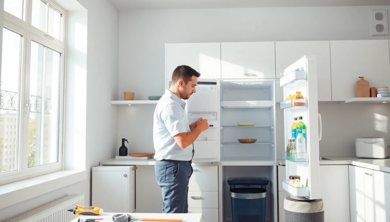 Refrigerator repair technician diagnosing appliance issues in Ottawa home.