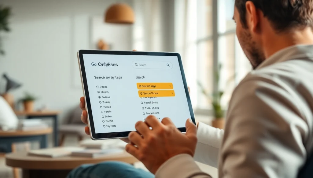 Visual representation of how to search OnlyFans by tags on a digital device in a cozy workspace.