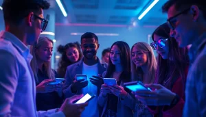 Engaged users interacting with nsfw ai chatbots on sleek devices in a modern setting.