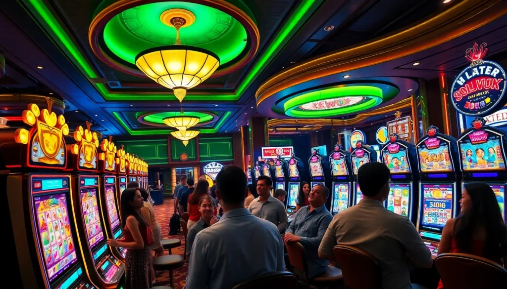 Adegan menarik dari permainan slot Depo 1000, menampilkan mesin slot yang berwarna-warni dan pemain yang terlibat.