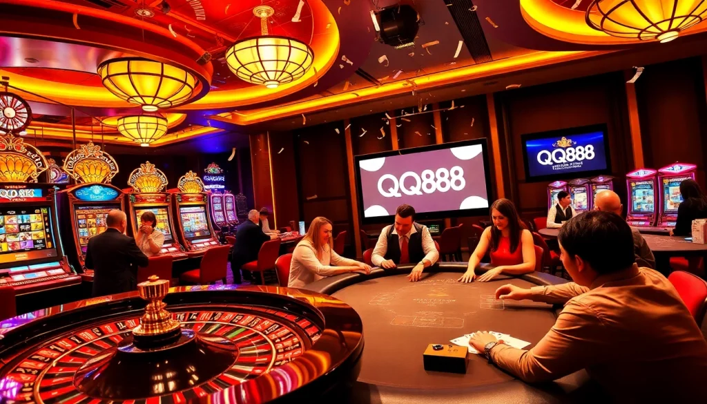 Players enjoying lively games at QQ88 casino, highlighting roulette, slots, and poker.