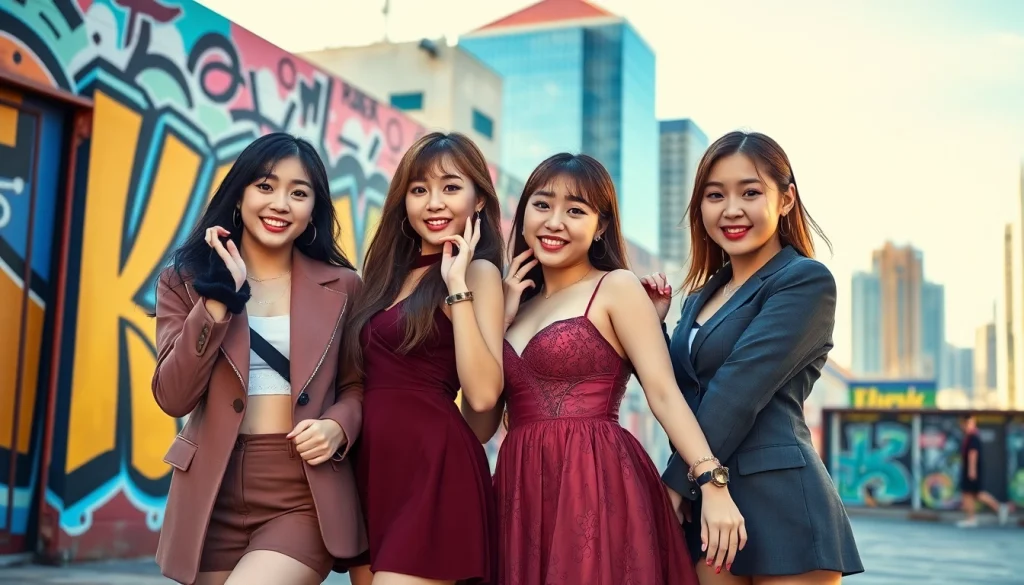 Four blackpink members posing stylishly in an urban setting with colorful graffiti backgrounds.