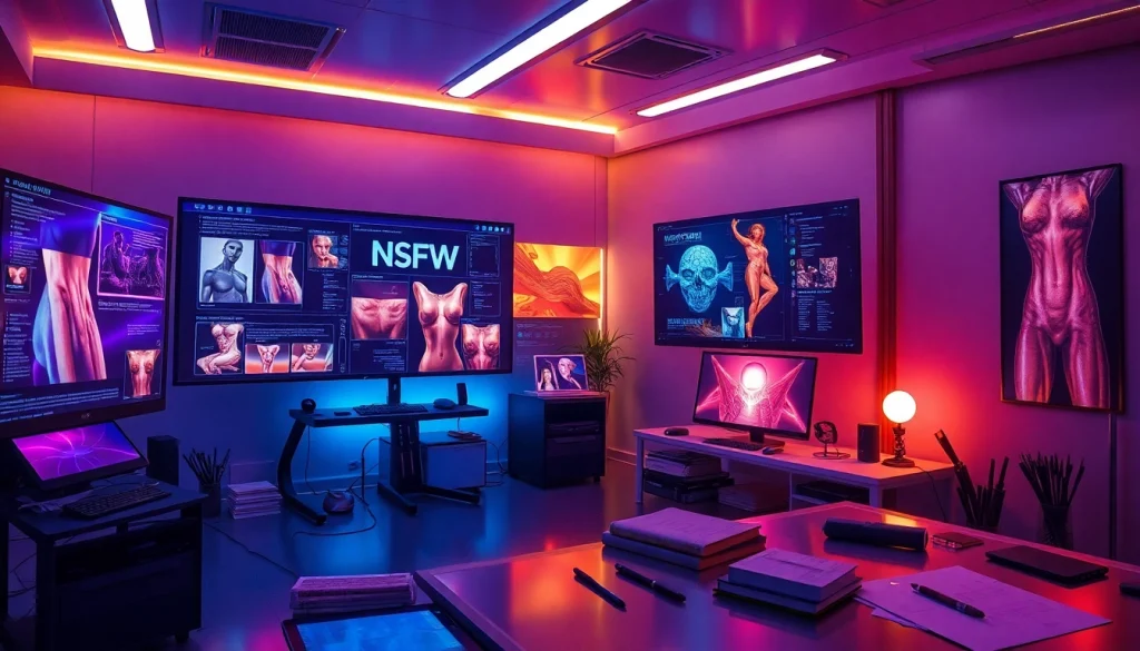 Futuristic digital art studio with AI creating innovative ai nsfw artworks.