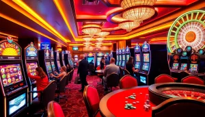 Exciting gaming scene with idn slot machines, vibrant casino atmosphere and players celebrating wins.